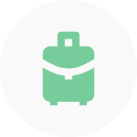 Green suitcase icon on white circular background.